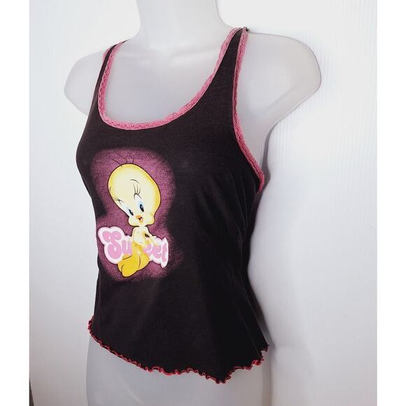 Vintage Y2K Tweety Bird Sweet Tank Top Looney Tunes Racerback Lettuce Lace S/M - Picture 3 of 12
